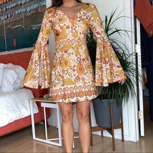Seventies Print Bell Sleeve Dress